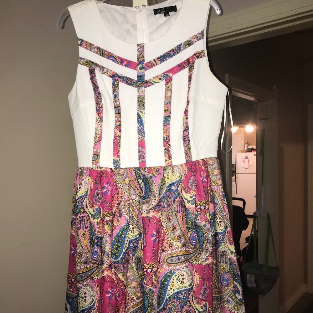 Floral tan prop dress above the knee